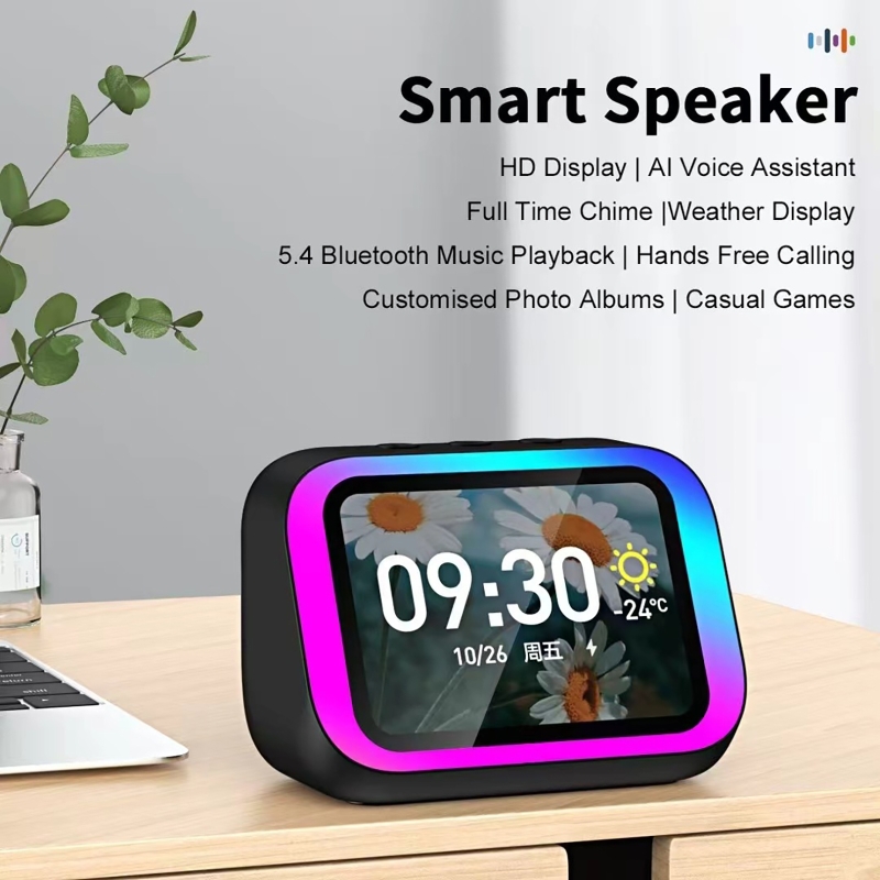 Smart Home Voice Assistant - AI音声アシスタント Bluetoothスピーカー RGBカラー照明付き目覚まし時計 LEDスクリーン天気時計表示 電子スピーカー