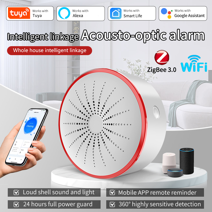 Smart Home Voice Assistant - Tuya WiFi ZigBee スマートアラームサイレン インテリジェントサウンド＆ライトアラーム ホームセキュリティシステム