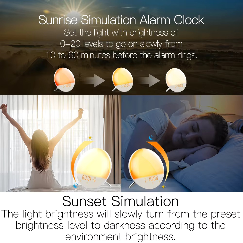 MOES WiFi対応スマートライト目覚まし時計、7色のサン - Smart Home Simulation のレビューと価格